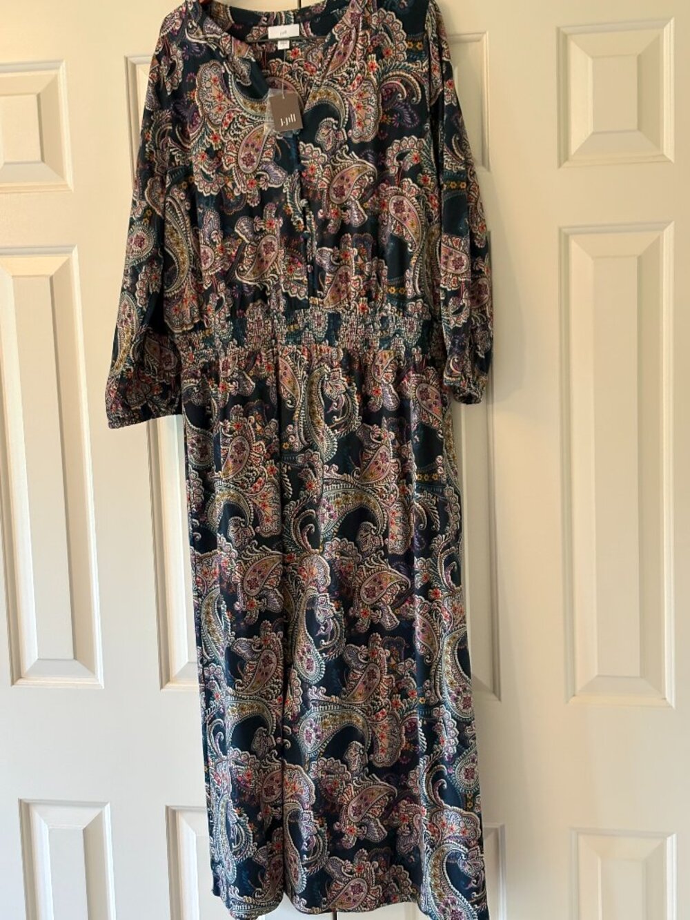 NWT J. Jill Smock Waist Midi Dress Navy Blue Radiant Paisley Sz L